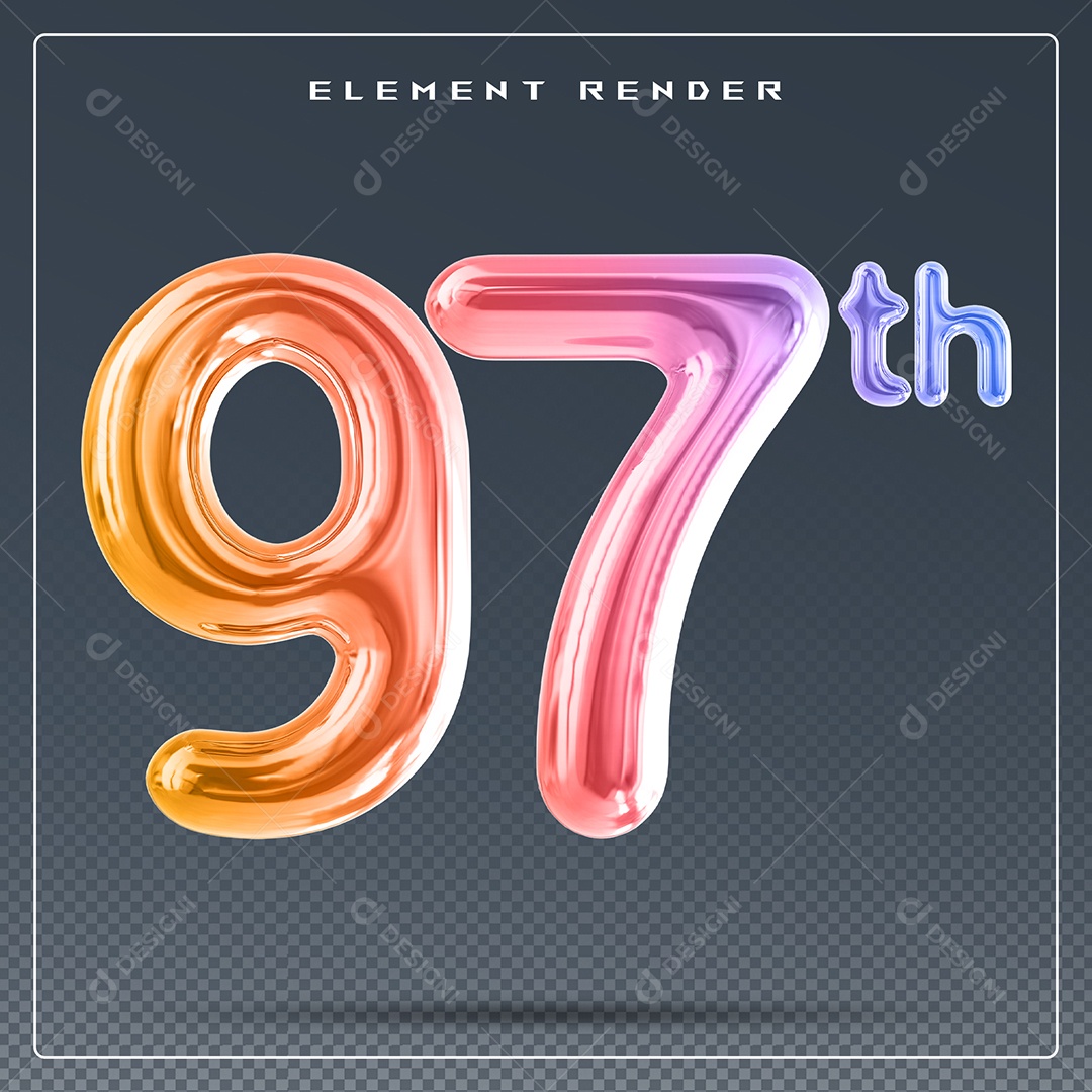 Elemento 3D Número 97 Th Colorido para Composição PSD