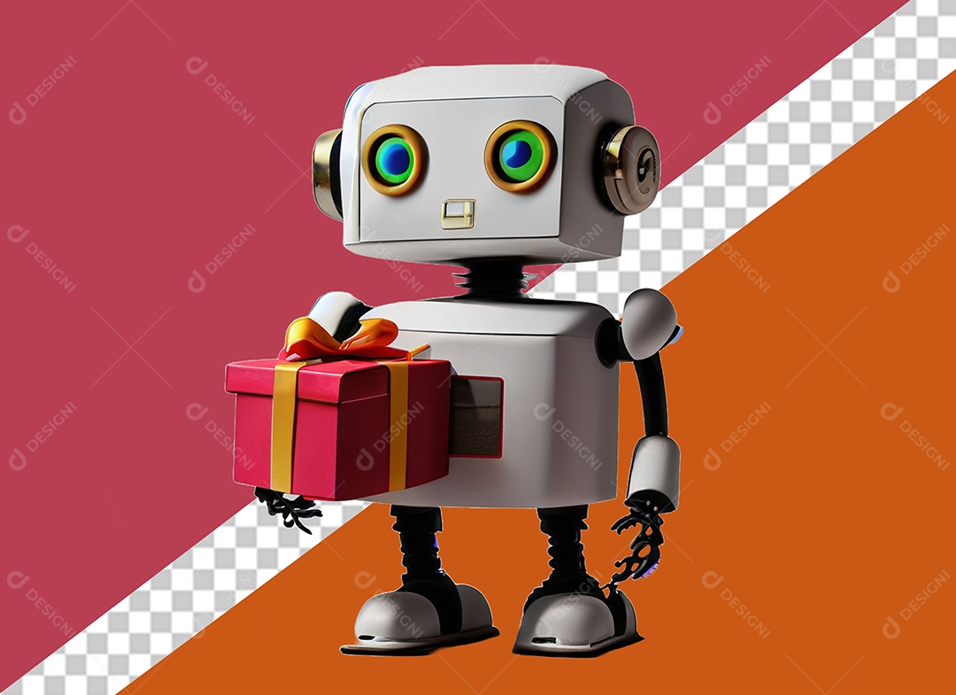 Robô Segurando Presente Personagem 3D Para Composição PSD