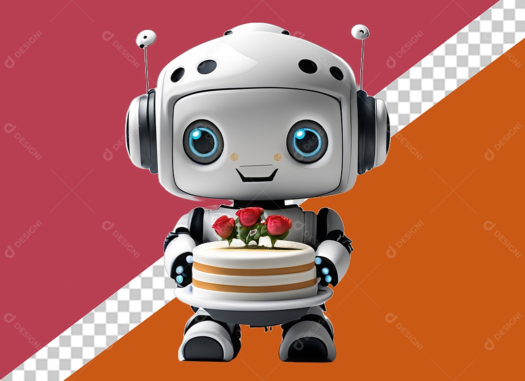 Robô Segurando Bolo Personagem 3D Para Composição PSD