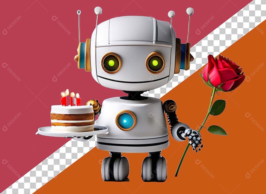 Robô Segurando Uma Flor e Um Bolo Personagem 3D Para Composição PSD