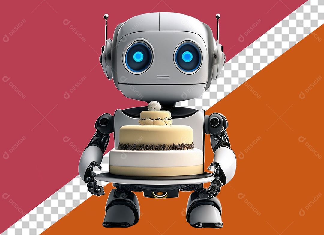Robô Segurando Bolo Personagem 3D Para Composição PSD