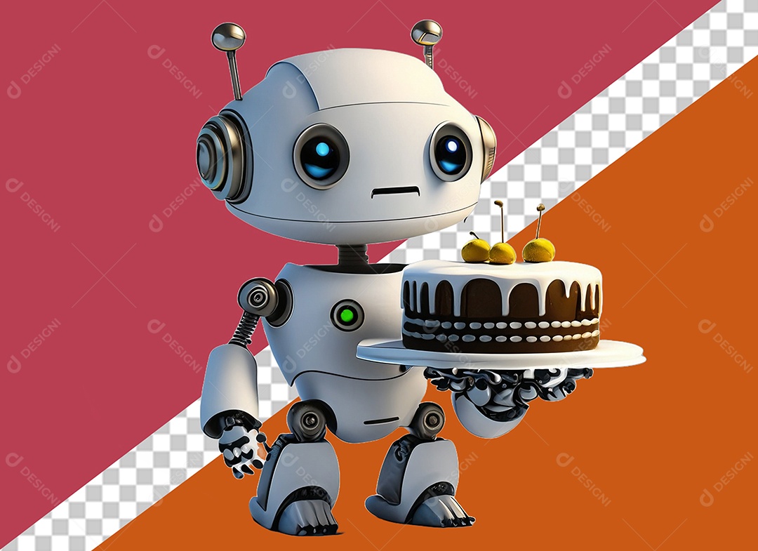 Robô Segurando Bolo Personagem 3D Para Composição PSD