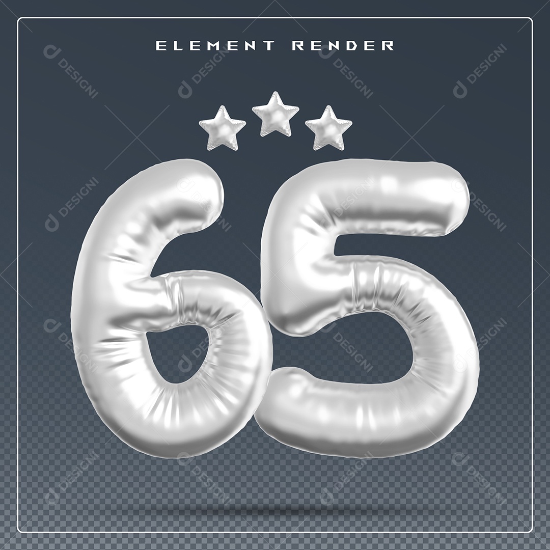 Elemento 3D Número 65 Cinza para Composição PSD