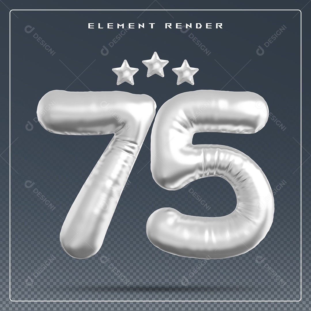Elemento 3D Número 75 Cinza para Composição PSD