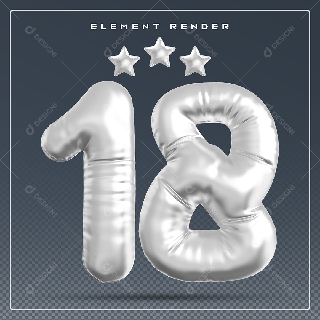 Elemento 3D Número 18 Cinza para Composição PSD