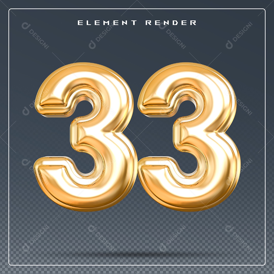 Elemento 3D Número 33 Dourado para Composição PSD