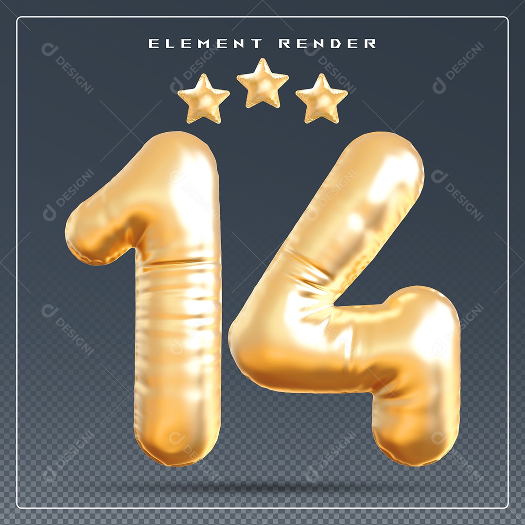 Elemento 3D Número 14 Dourado para Composição PSD