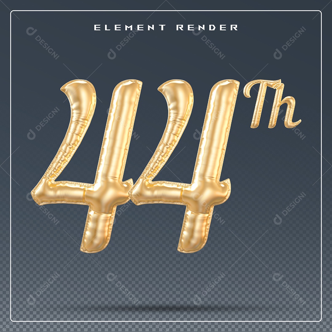 Elemento 3D Número 44 Th Dourado para Composição PSD
