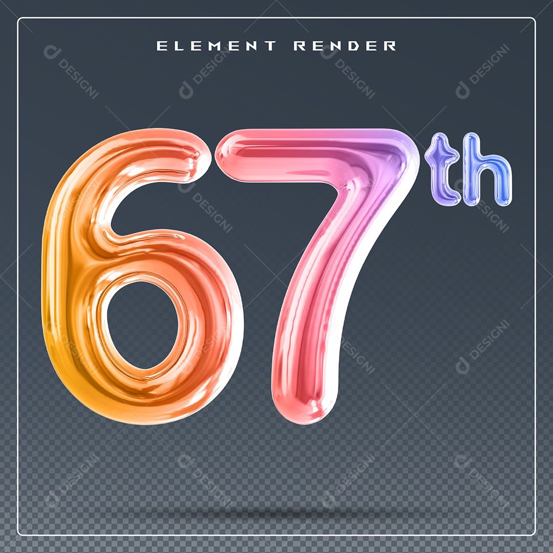 Elemento 3D Número 67 Th Colorido para Composição PSD
