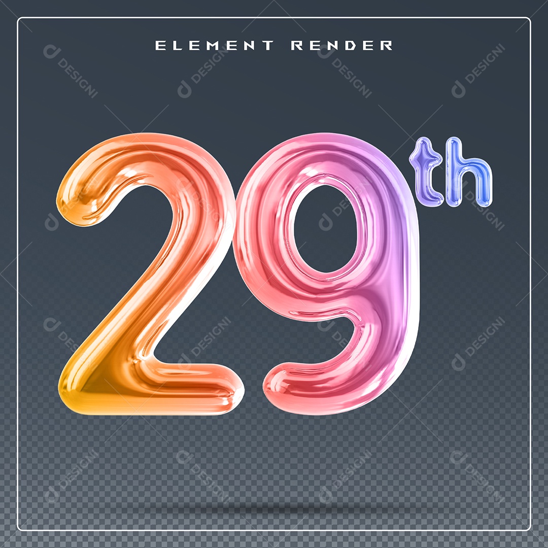Elemento 3D Número 29 Th Colorido para Composição PSD