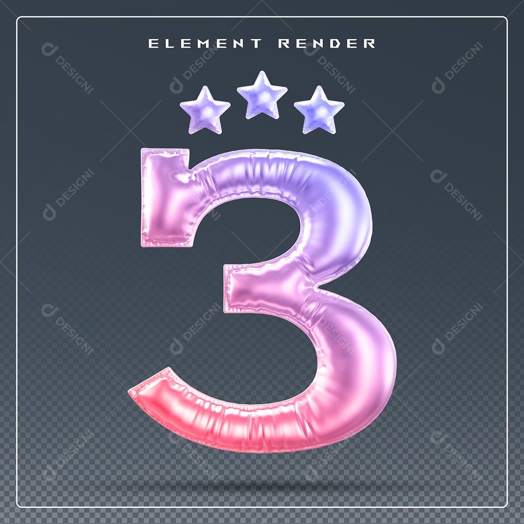 Elemento 3D Número 3 Colorido para Composição PSD