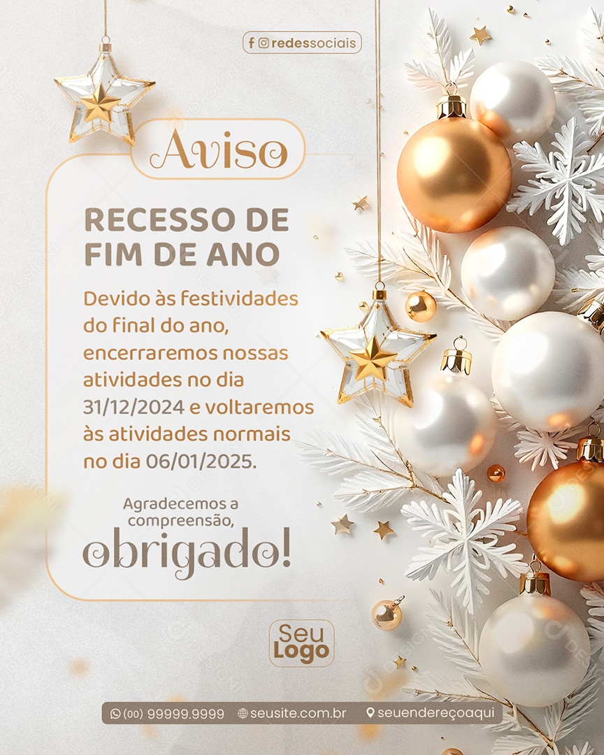 Aviso Recesso Fim de Ano Social Media PSD Editável