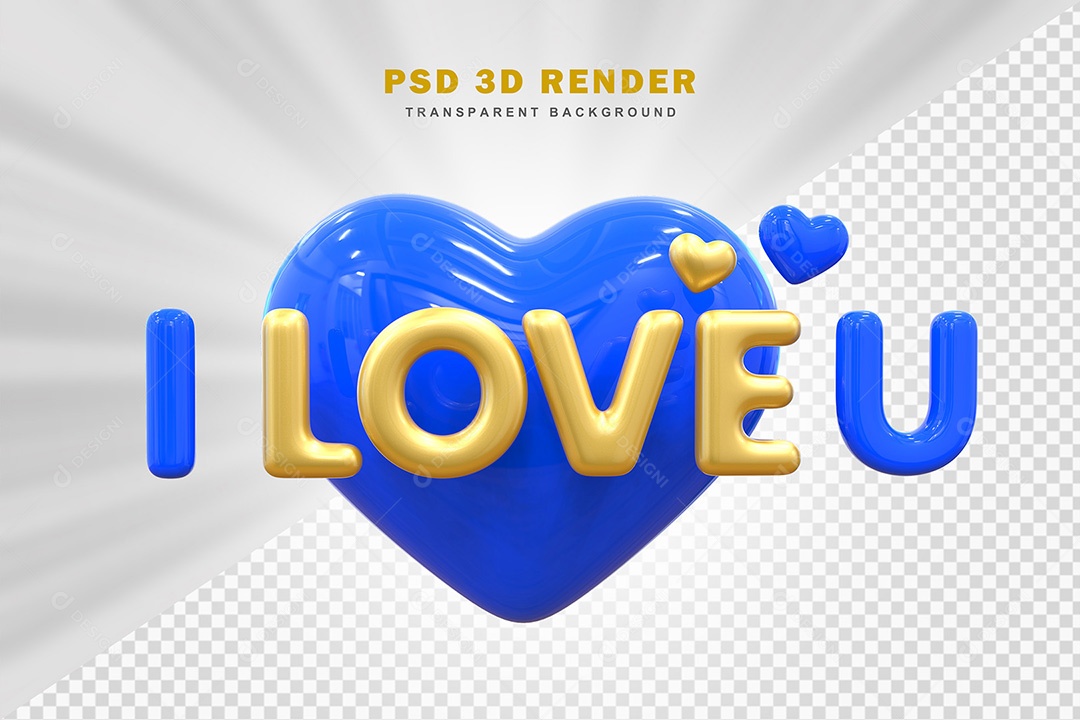 Elemento 3D Eu Amo Você Azul Com Dourado Para Composição PSD