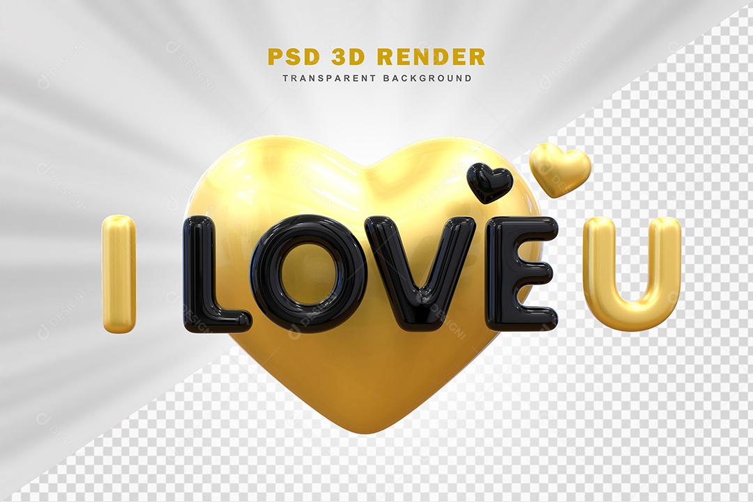 Elemento 3D Eu Amo Você Dourado Com Preto Para Composição PSD