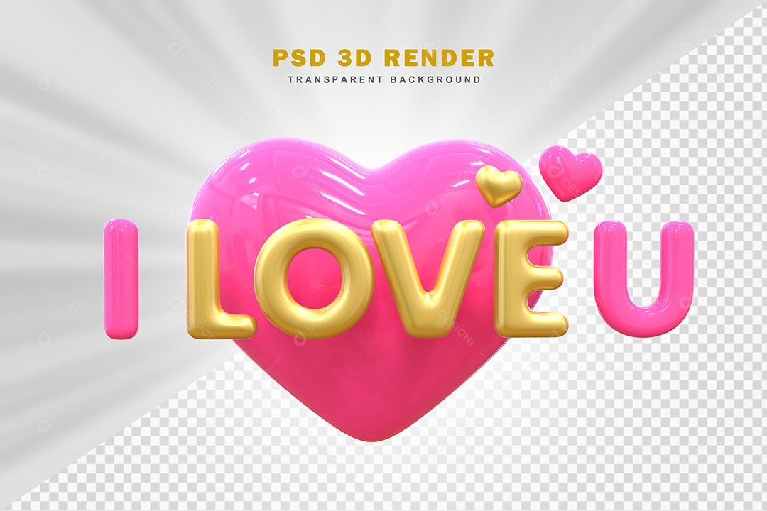 Elemento 3D Eu Amo Você Rosa Com Dourado Para Composição PSD
