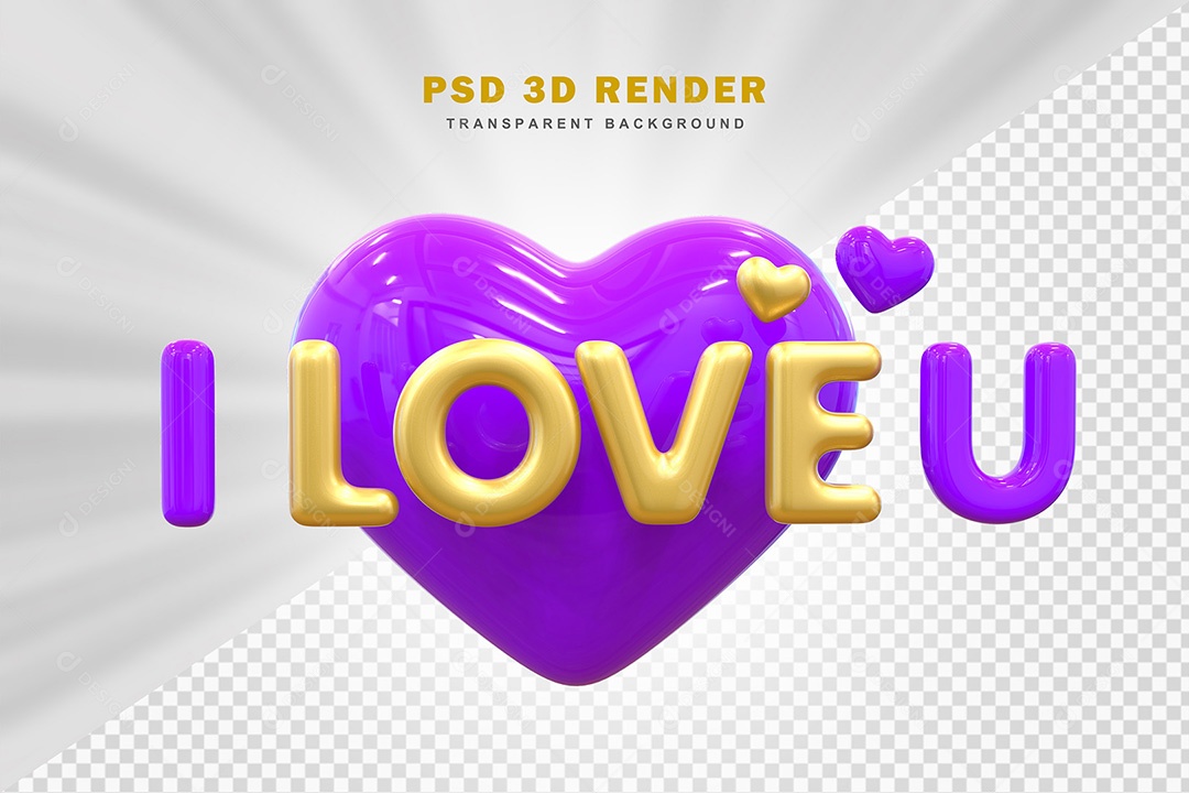 Elemento 3D Eu Amo Você Roxo Com Dourado Para Composição PSD
