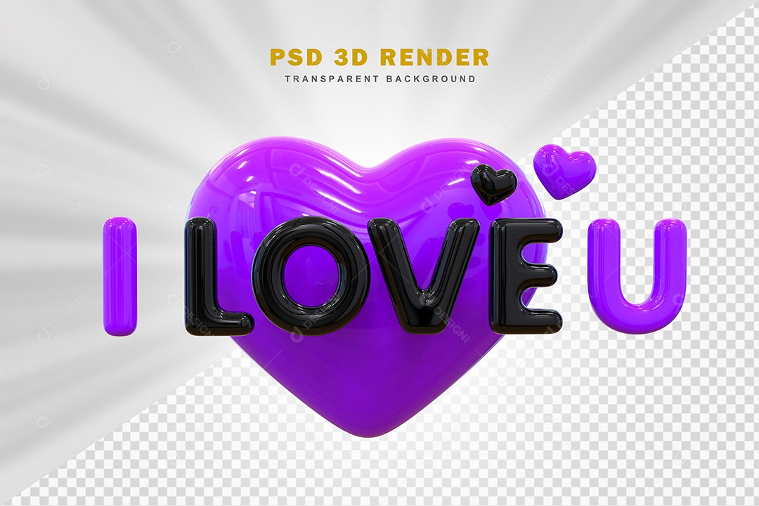 Elemento 3D Eu Amo Você Roxo Com Preto Para Composição PSD