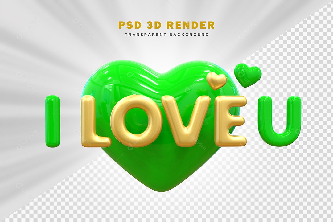 Elemento 3D Eu Amo Você Verde Com Dourado Para Composição PSD