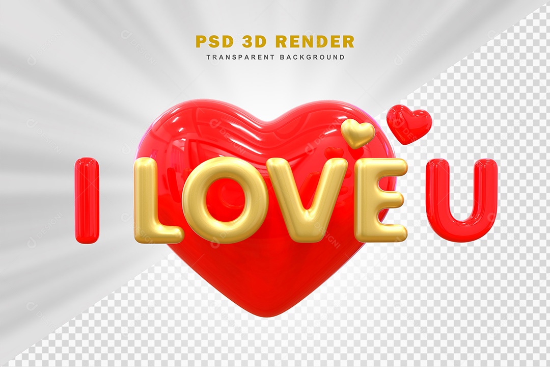 Elemento 3D Eu Amo Você Vermelho Com Dourado Para Composição PSD