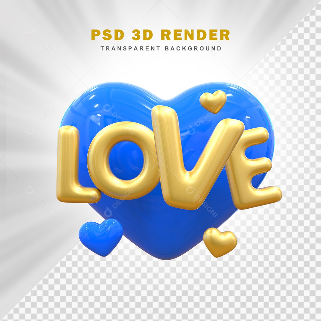Elemento 3D Love Azul Com Dourado Para Composição PSD