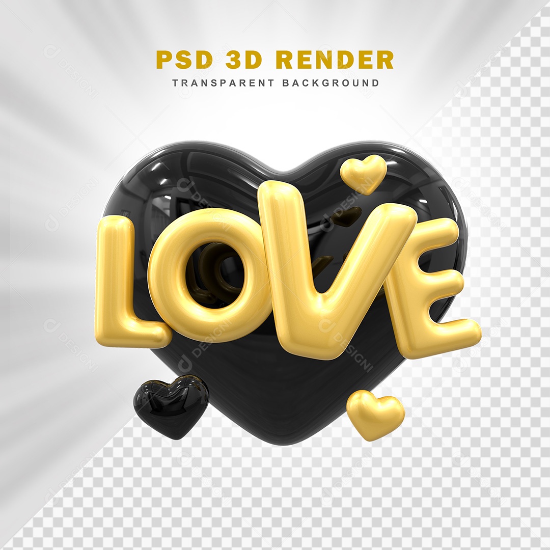 Elemento 3D Love Preto Com Dourado Para Composição PSD