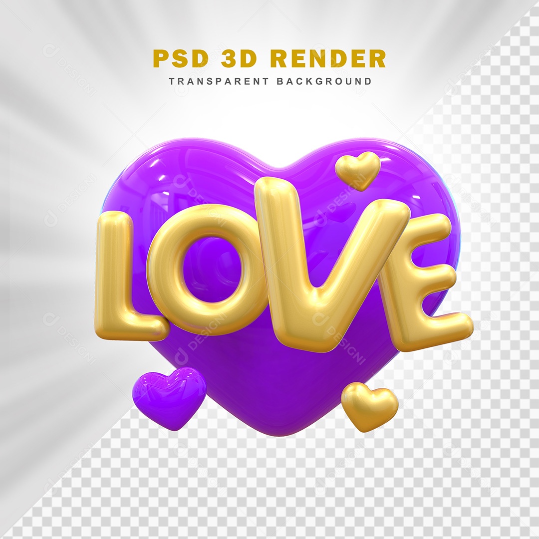 Elemento 3D Love Roxo Com Dourado Para Composição PSD