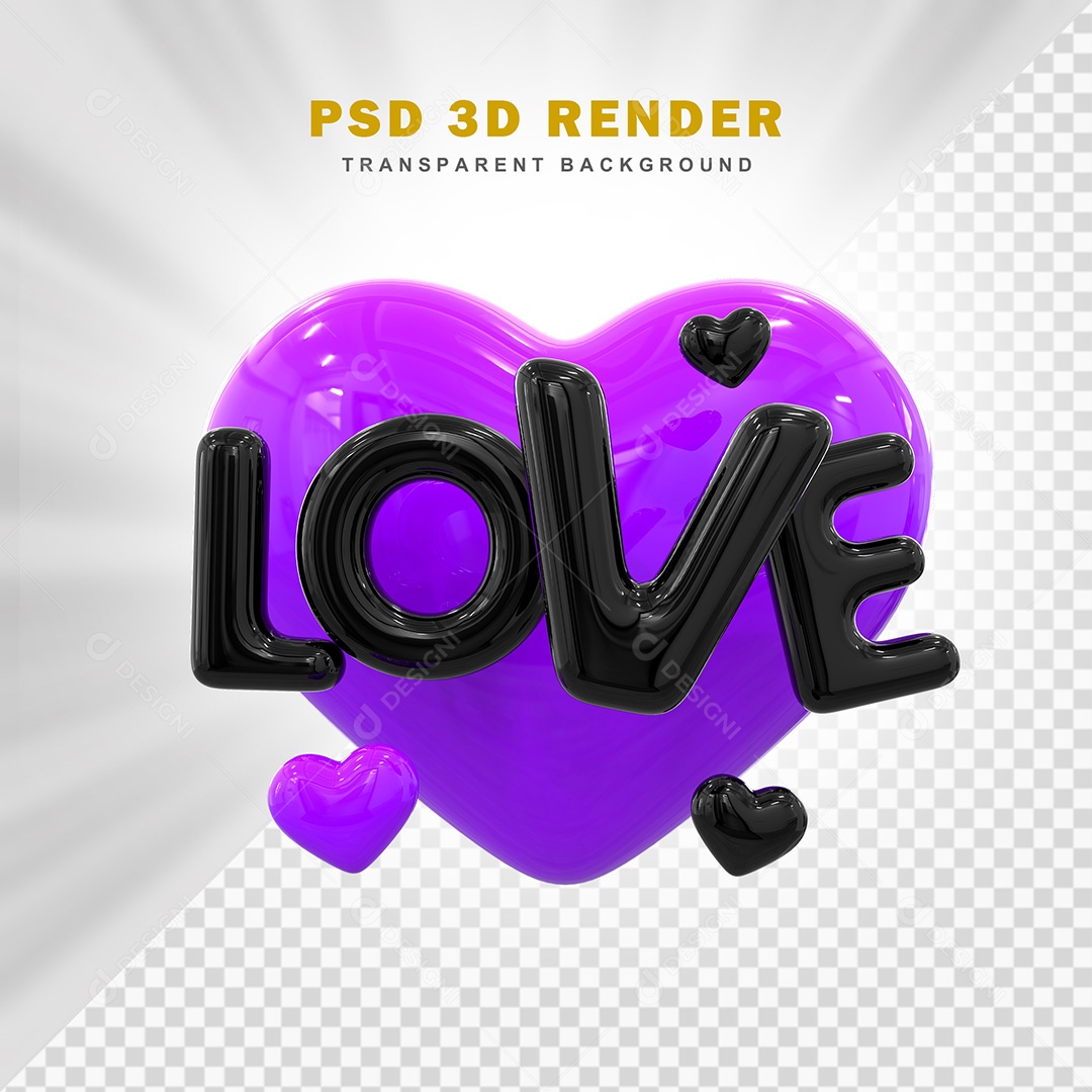 Elemento 3D Love Roxo Com Preto Para Composição PSD