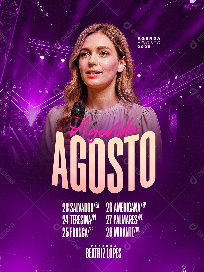 Flyer Gospel Agenda Agosto Pastora Beatriz Lopes Social Media PSD Editável