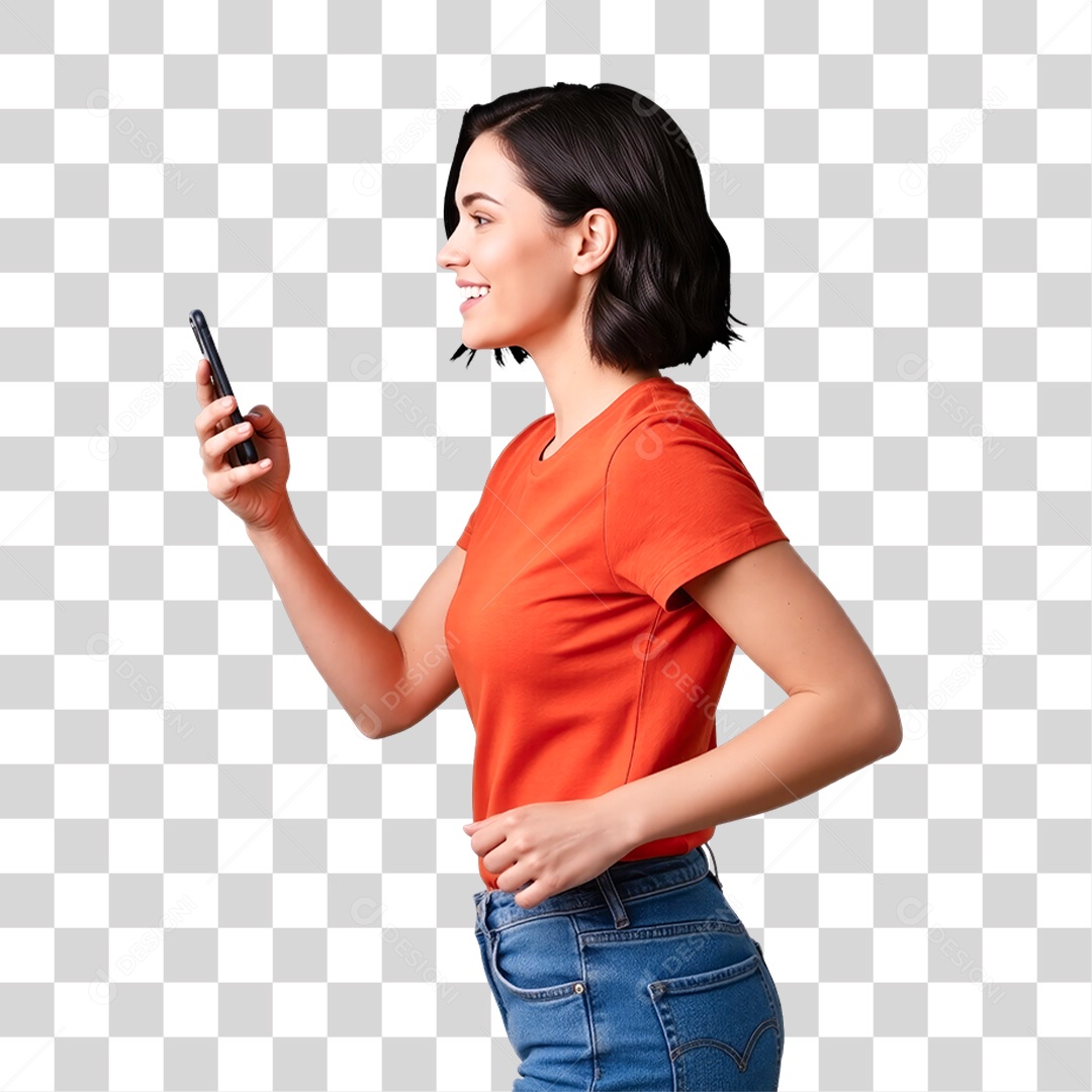 Mulher Mexendo no Celular PNG Transparente