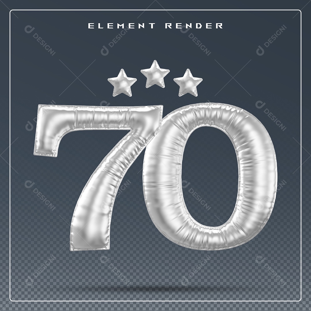 Elemento 3D Número 70 Cinza para Composição PSD