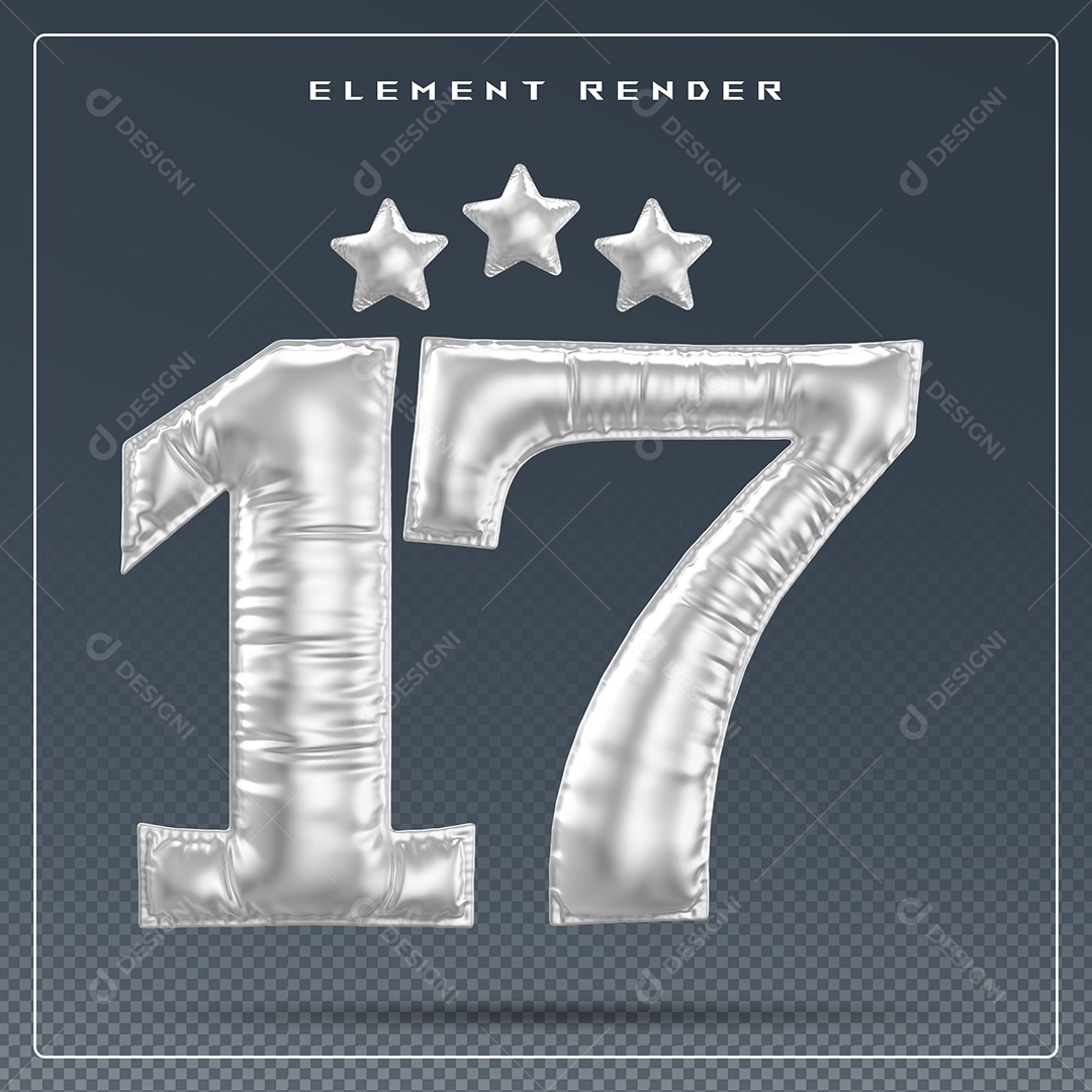 Elemento 3D Número 17 Cinza para Composição PSD