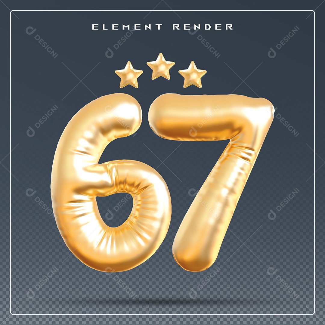Elemento 3D Número 67 Dourado para Composição PSD