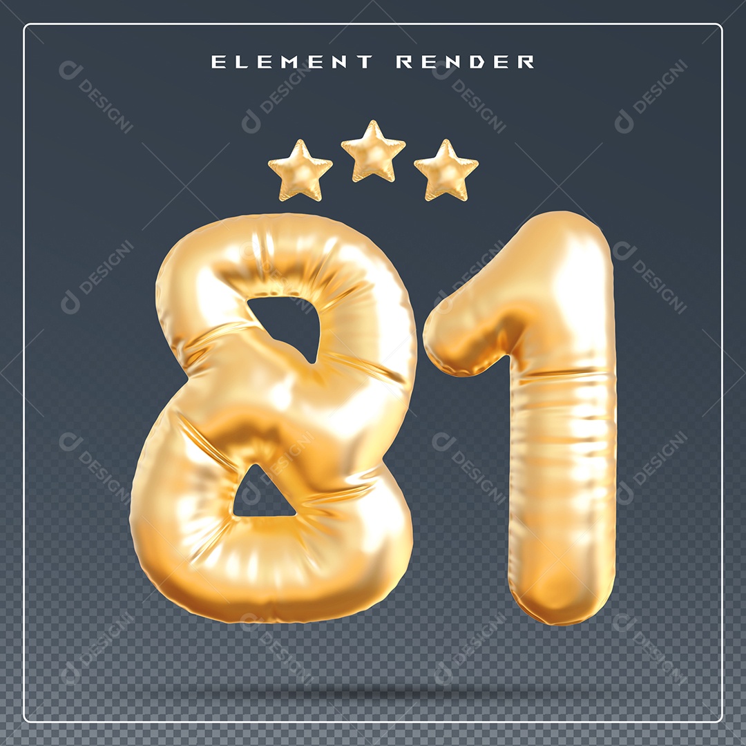 Elemento 3D Número 81 Dourado para Composição PSD