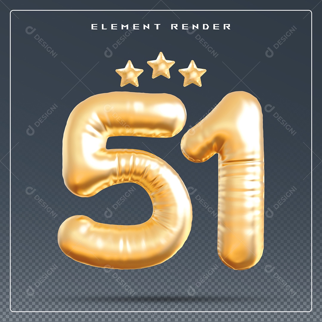 Elemento 3D Número 51 Dourado para Composição PSD