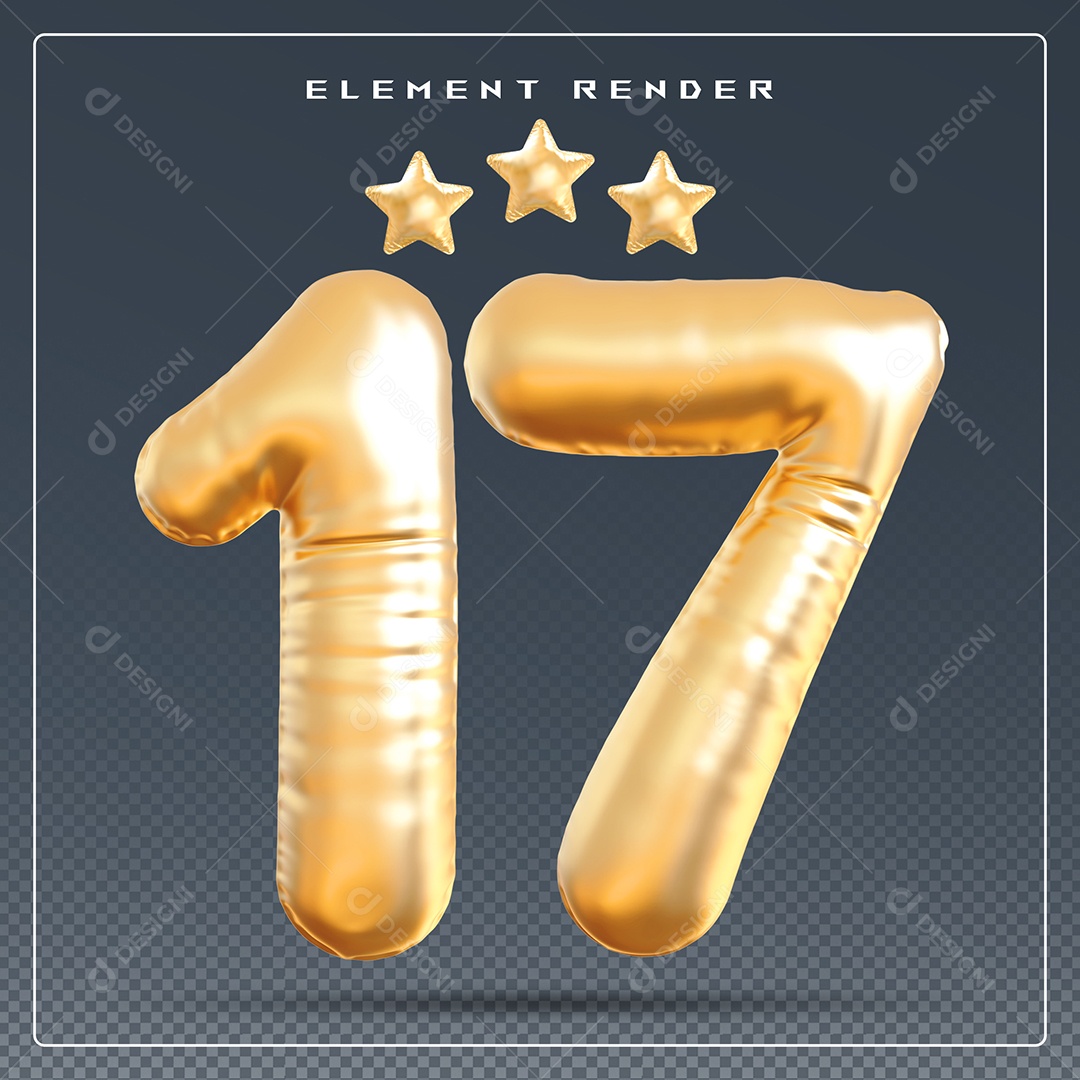 Elemento 3D Número 17 Dourado para Composição PSD