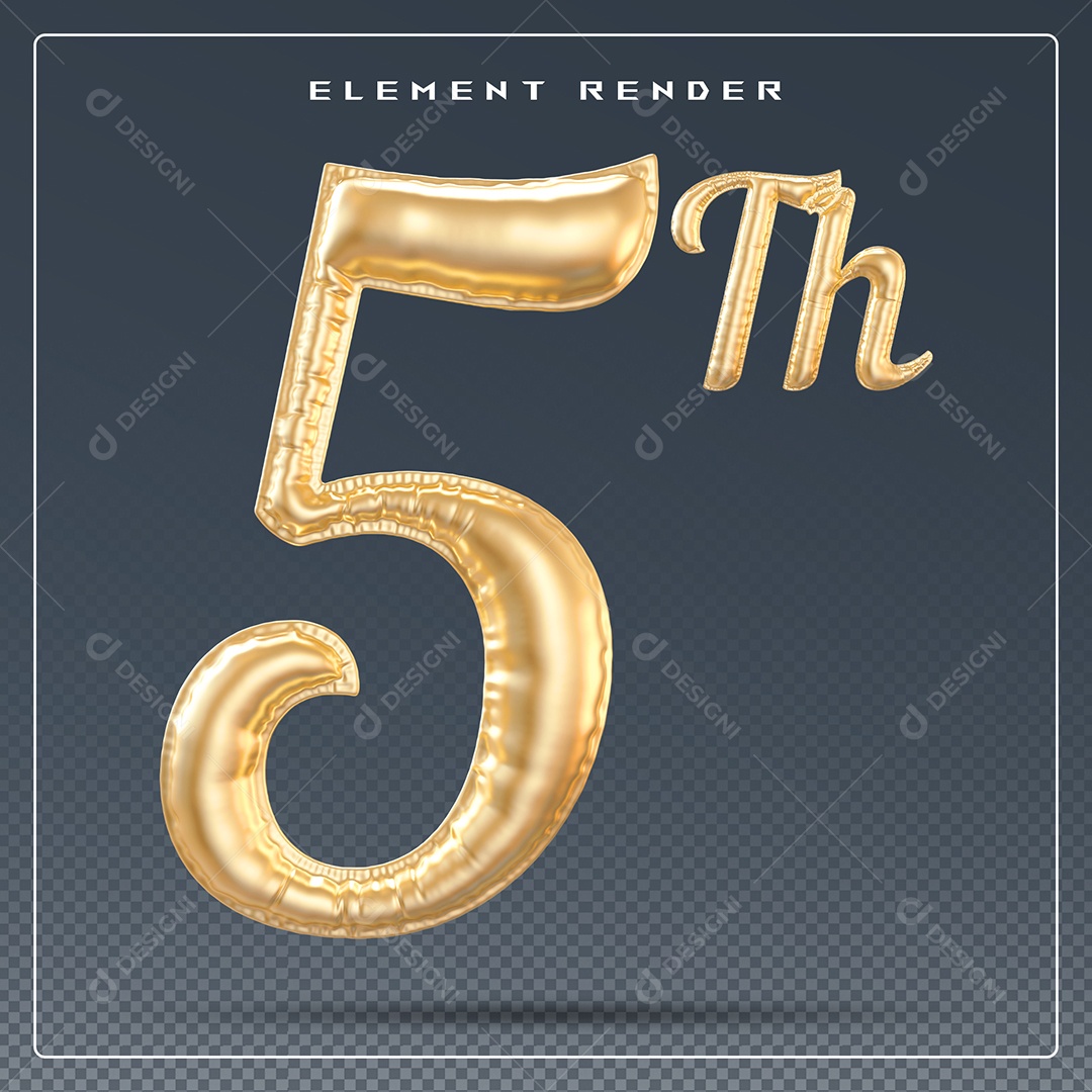 Elemento 3D Número 5 Th Dourado para Composição PSD