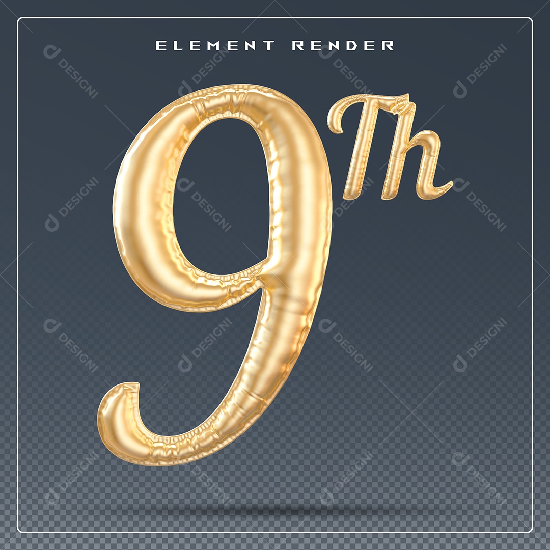 Elemento 3D Número 9 Th Dourado para Composição PSD