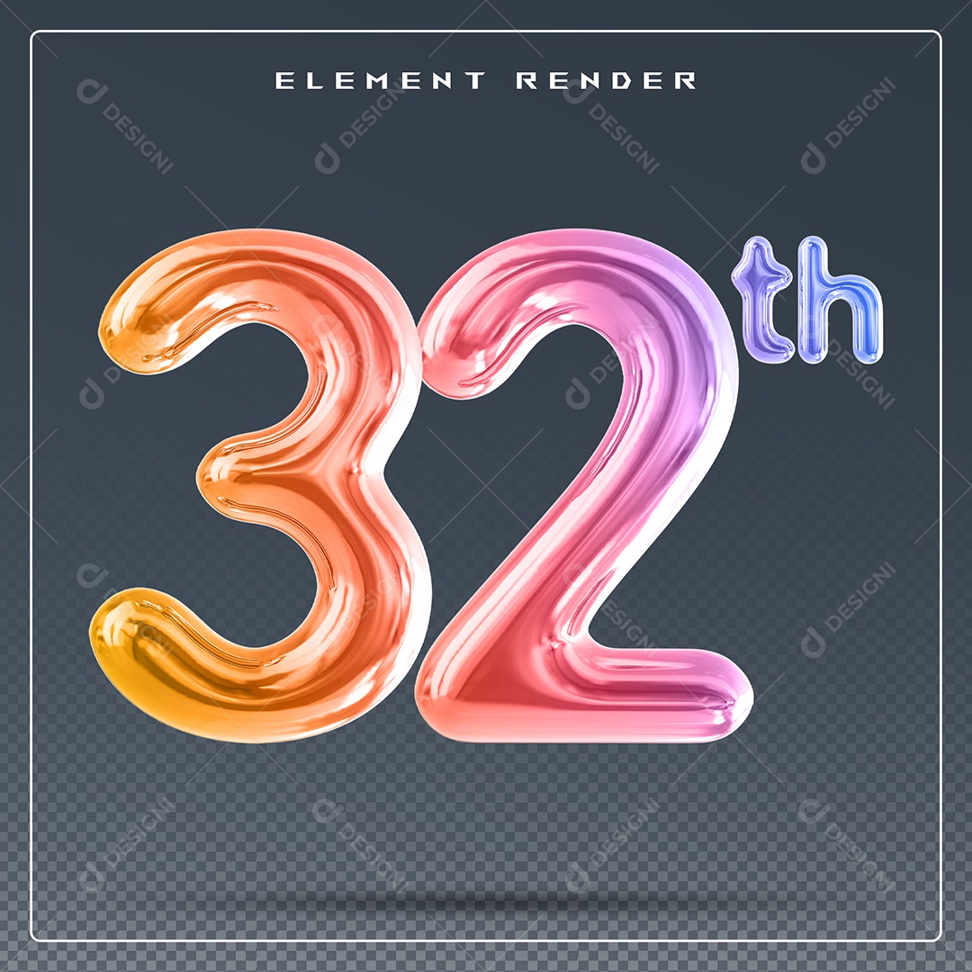 Elemento 3D Número 32 Th Colorido para Composição PSD