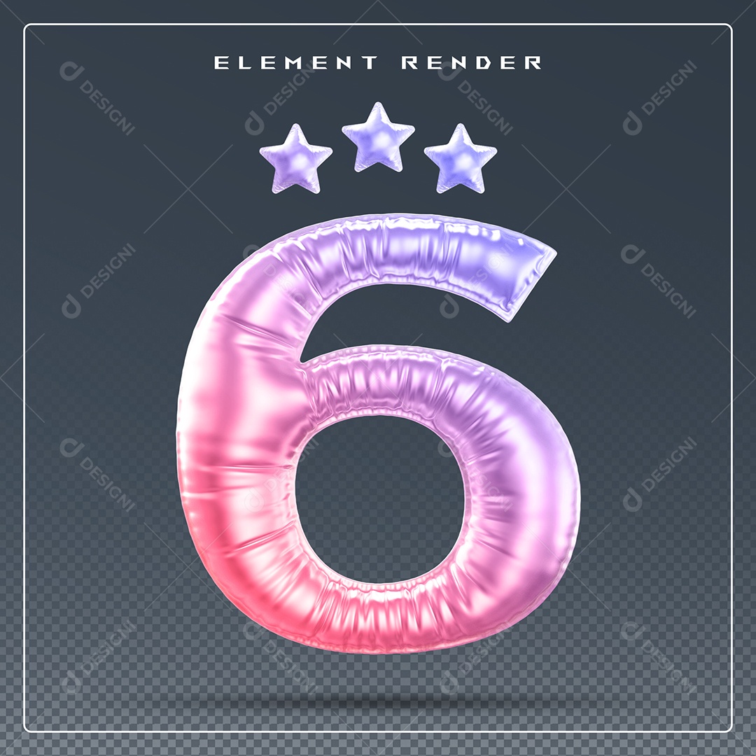 Elemento 3D Número 6 Colorido para Composição PSD