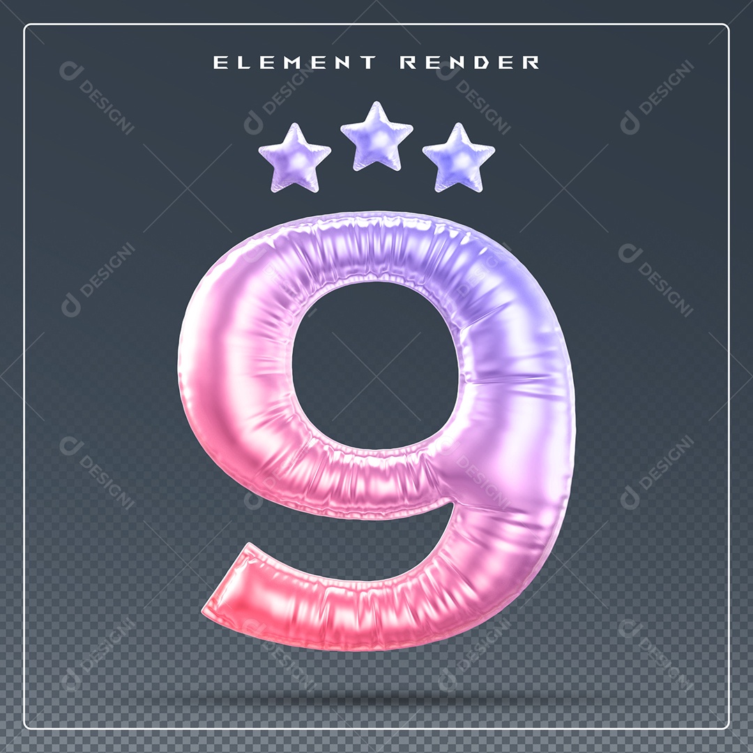 Elemento 3D Número 9 Colorido para Composição PSD