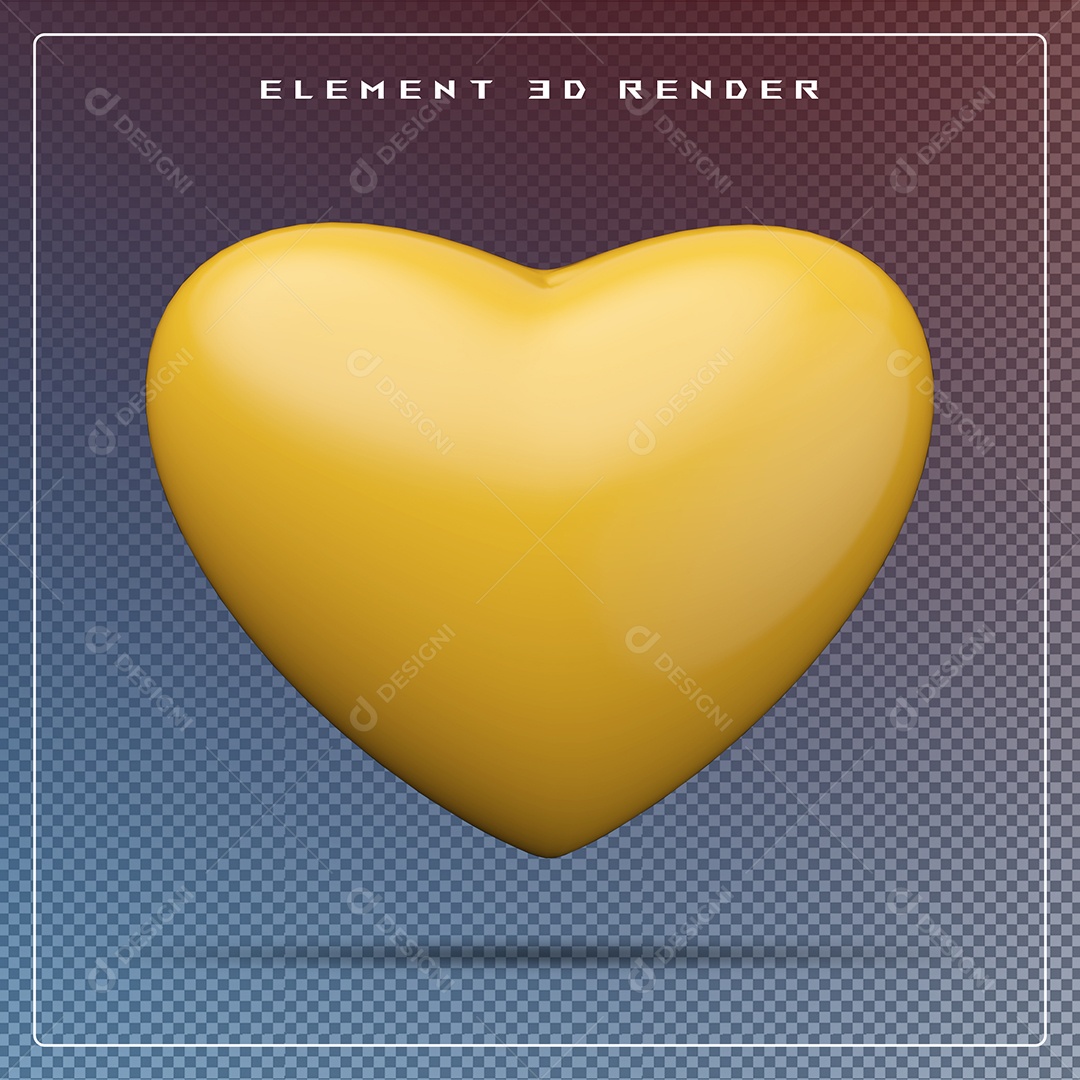 Elemento 3D Coração Amarelo para Composição PSD