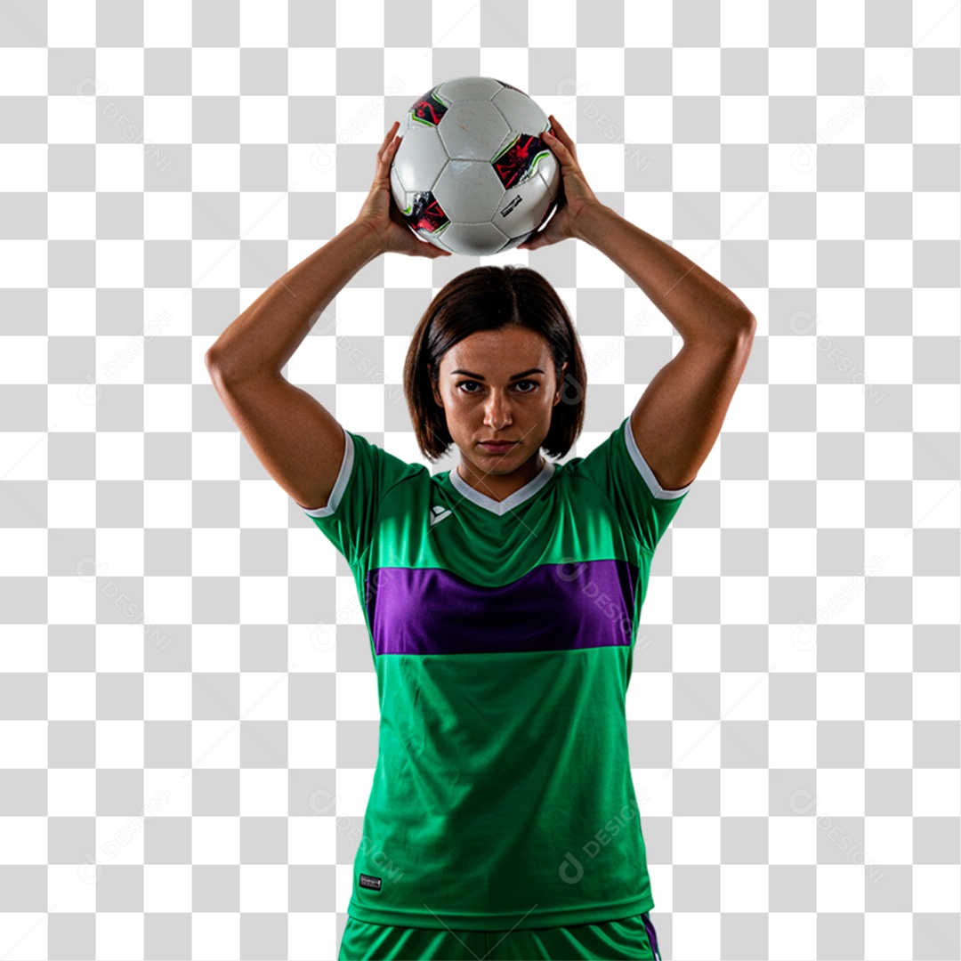 Jogadora Segurando Bola de Futebol PNG Transparente