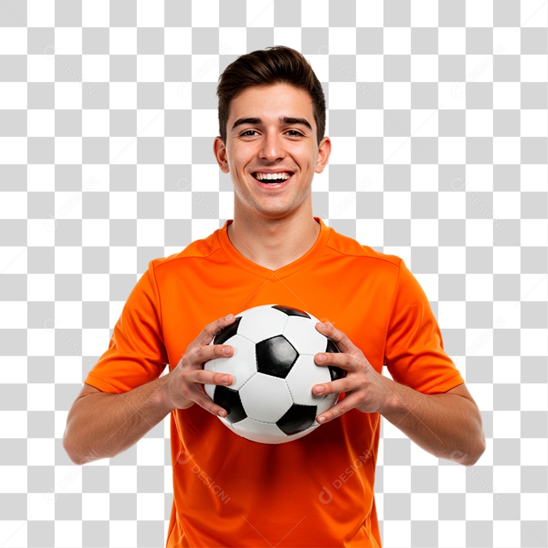 Jogador Segurando Bola de Futebol PNG Transparente