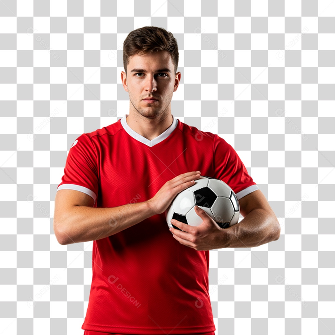Jogador Segurando Bola de Futebol PNG Transparente