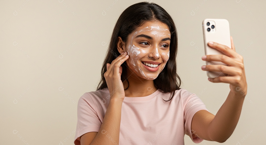 Linda mulher em um dia de beleza segurando um smartphone