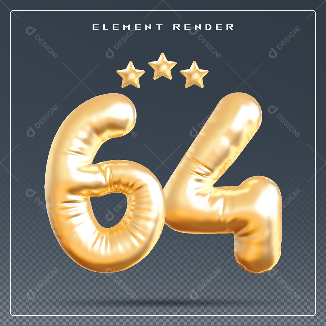 Elemento 3D Número 64 Dourado para Composição PSD