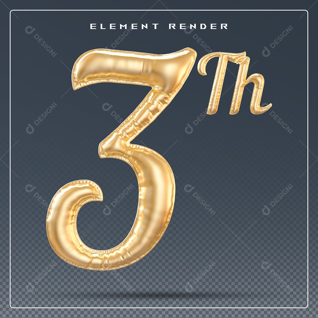 Elemento 3D Número 3 Th Dourado para Composição PSD