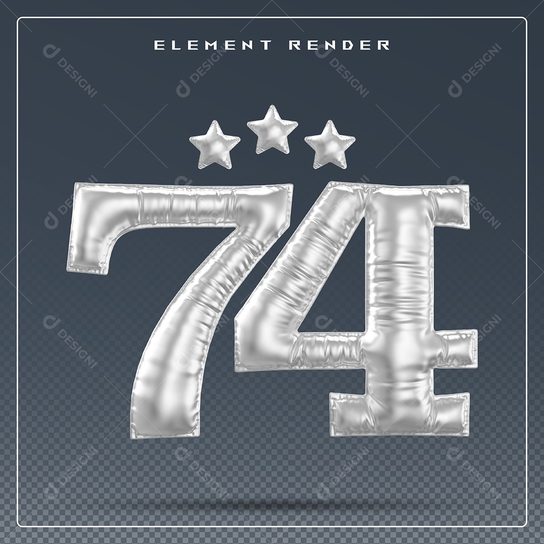 Elemento 3D Número 74 Cinza para Composição PSD
