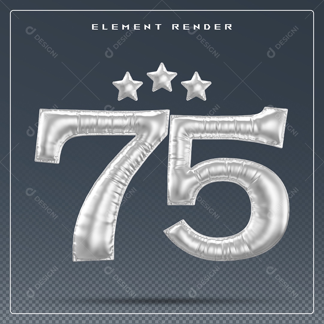 Elemento 3D Número 75 Cinza para Composição PSD