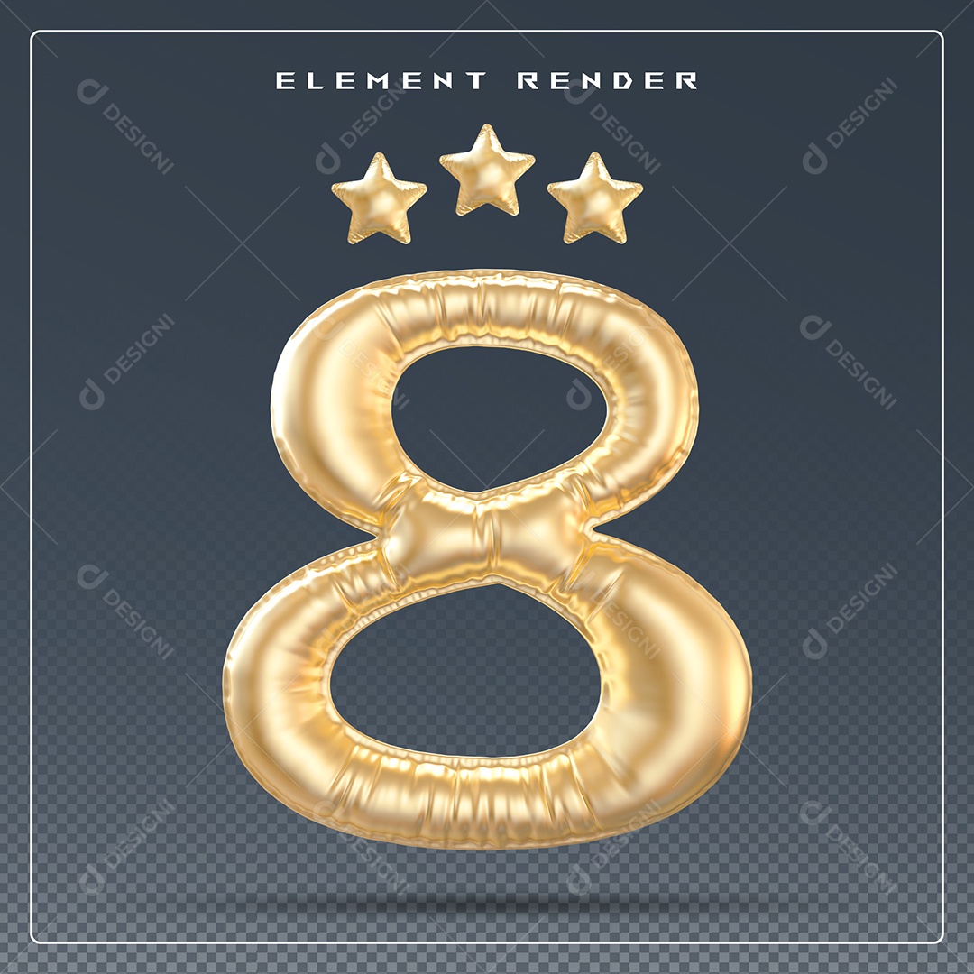 Elemento 3D Número 8 Dourado para Composição PSD
